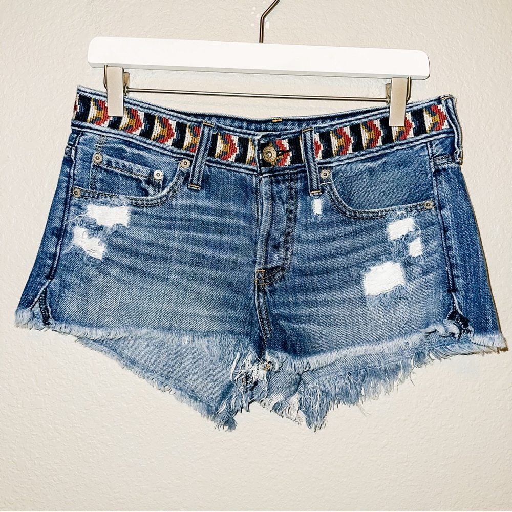 Abercrombie & Fitch Distressed Blue Denim Jean Shorts with Multicolor Belt
